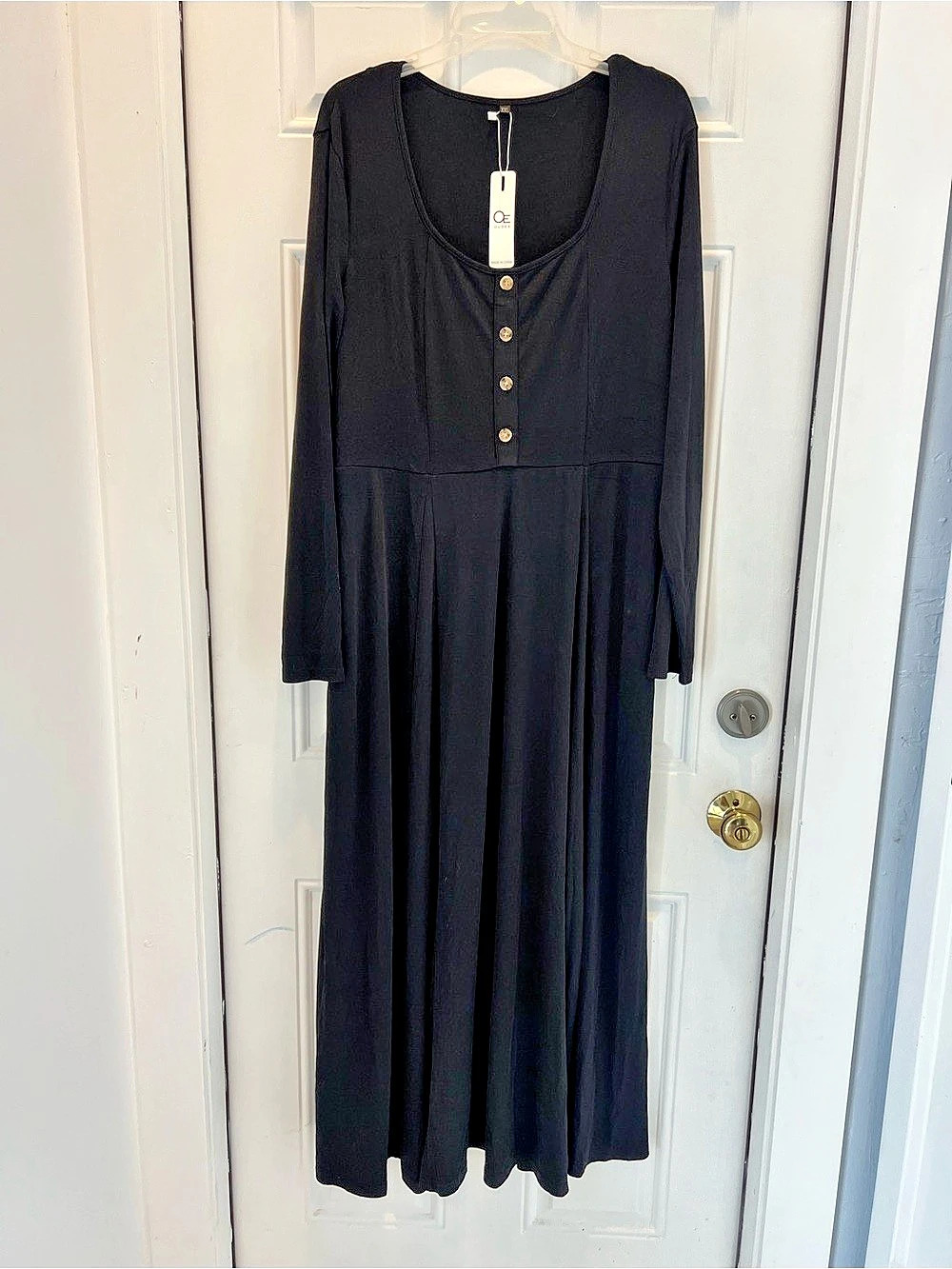 OUGES Black Solid Long Sleeve Maxi Dress Button Front Pockets Size 2XL #108